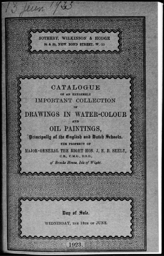 Catalogue of an extremely important collection of drawings in water-colour and oil paintings [...] : [vente du 13 juin 1923]
