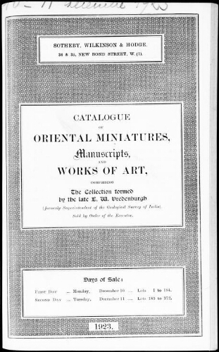 Catalogue of oriental miniatures, manuscripts and works of art [...] : {vente des 10 et 11 décembre 1923]