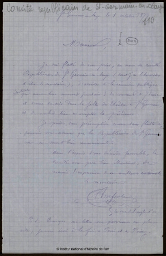 Lettre du secrétaire du Comité républicain de Saint-Germain-en-Laye, 1er octobre 1877