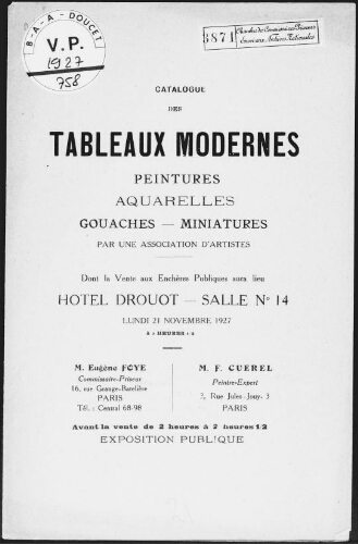 Catalogue des tableaux modernes, peintures, aquarelles, gouaches, miniatures, par une association d'artistes [...] : [vente du 21 novembre 1927]