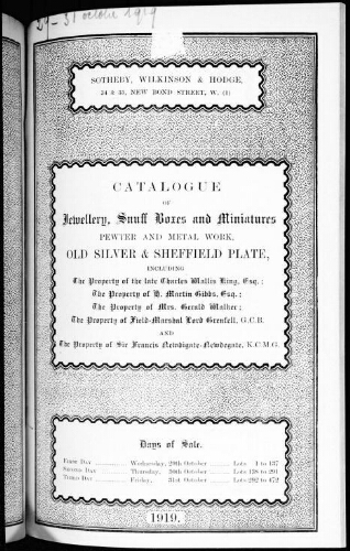 Catalogue of jewellery, snuff boxes and miniatures […] : [vente du 29 octobre 1919]