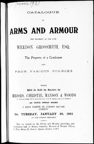 Catalogue of Arms and Armour the property of the late Weedon Grossmith [...] : [vente du 25 janvier 1921]