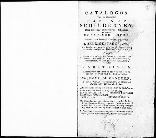 Catalogus van een uitmuntend kabinet schilderyen [...] : [vente du 9 juillet 1794]