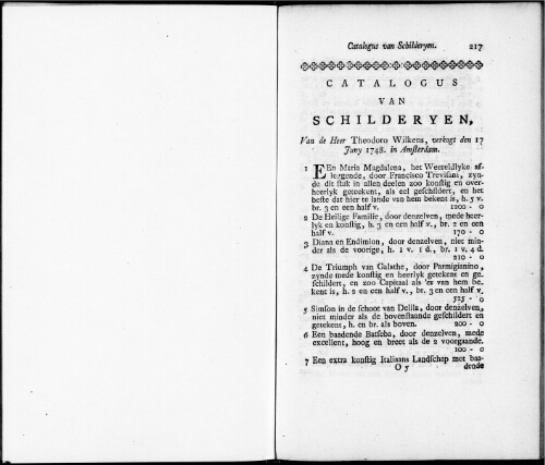 Catalogus van Schilderyen van de Heer Theodoro Wilkens [...] : [vente du 17 juin 1748]