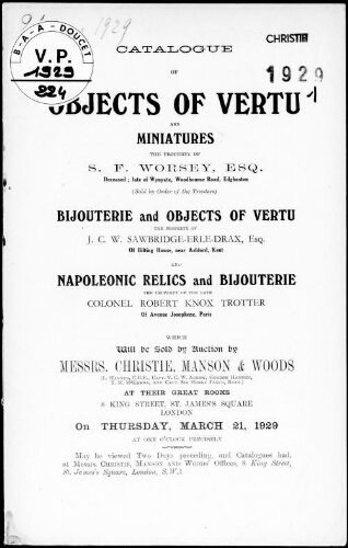 Catalogue of objects of vertu and miniatures, the property of S. F. Worsey [...] : [vente du 21 mars 1929]
