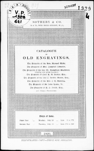 Catalogue of old engravings, the property of the Honourable Bernard Rollo [...] : [vente des 22 et 23 juillet 1929]