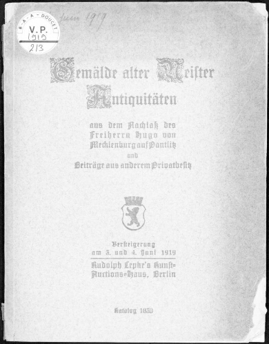 Gemälde alter Meister, Antiquitäten [...] : [vente des 3 et 4 juin 1919]