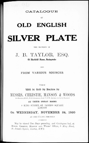 Catalogue of old English silver plate, the property of J. B. Taylor [...] : [vente du 24 novembre 1920]