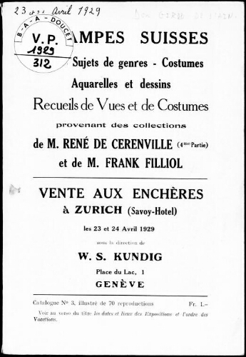 Estampes suisses [...] provenant des collections de M. René de Cerenville (4me partie) et de M. Frank Filliol : [vente des 23 et 24 avril 1929]