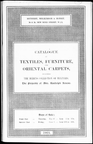 Catalogue of textiles, furniture, and oriental carpets, including the Berens collection of textiles [...] : [vente du 31 mai et du 1er juin 1923]