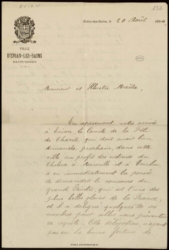Lettre du Comité de la Fête de Charité d'Evian à Jean-Louis-Ernest Meissonier, 20 août 1884