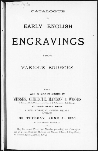 Catalogue of early English engravings from various sources : [vente du 1er juin 1920]