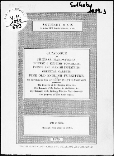 Catalogue of Chinese hardstones [...], fine old English furniture and an important set of petit point hangings [...] : [vente du 28 juin 1929]