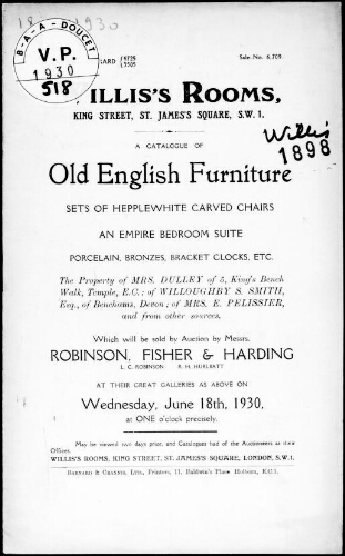 Catalogue of old English furniture, sets of Hepplewhite carved chairs [...], the property of Mrs. Dulley [...] : [vente du 18 juin 1930]