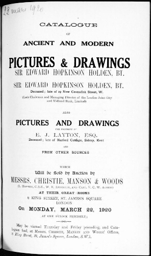 Catalogue of ancient and modern pictures and drawings [...] : [vente du 22 mars 1920]