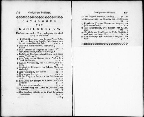 Catalogus van Schilderyen van Laurens van der Hem [...] : [vente du 19 avril 1713]