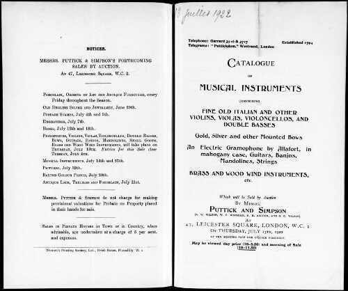 Catalogue of musical instruments comprising fine old Italian and other violins, violas, violoncellos, and double basses [...] : [vente du 13 juillet 1922]