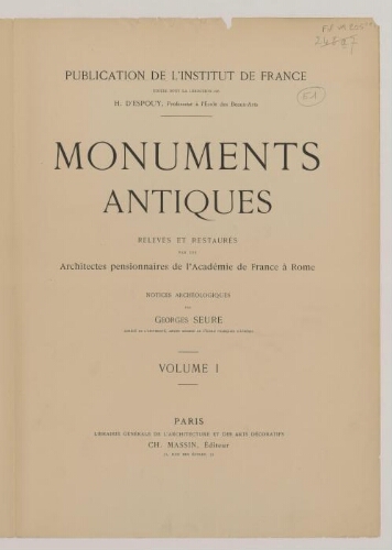 Monuments antiques […]. Tome 1 : Grèce et Pays Grecs