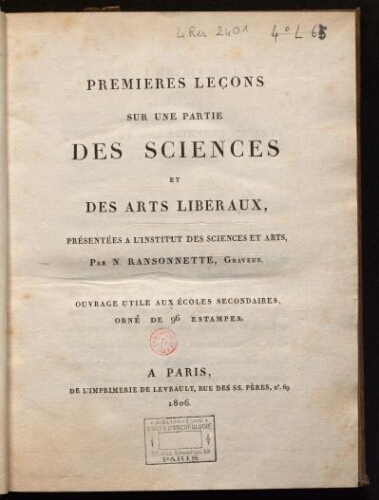 Premières leçons sur une partie des sciences et des arts libéraux [...]