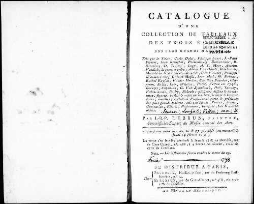 Catalogue d'une collection de tableaux des trois écoles des plus grands maîtres [...] : [vente du 16 février 1798]