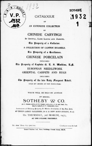Catalogue of an extensive collection of Chinese carvings [...], including the property of Capitan G. R. S. Watkins [...] : [vente du 3 mars 1932]