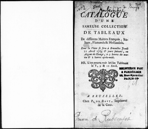 Catalogue d'une fameuse collection de tableaux de différents maîtres français, italiens, flamands [...] : [vente du 11 avril 1765]