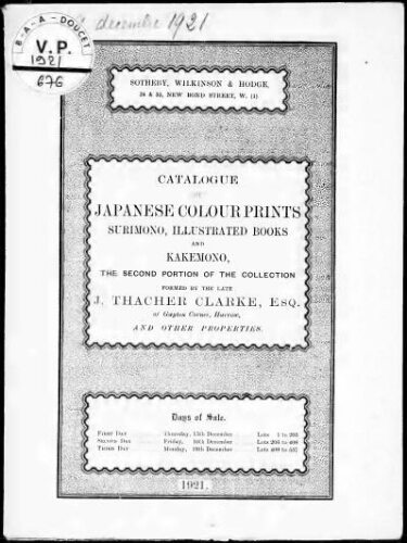 Catalogue of Japanese colour prints, surimono, illustrated books and kakemono [...] : [vente des 15, 16 et 19 décembre 1921]