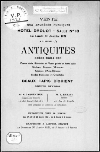 Vente aux enchères publiques, Hôtel Drouot, salle n°10, le lundi 31 janvier 1921 à 2 heures 1/4, Antiquités gréco-romaines [...] : [vente du 31 janvier]