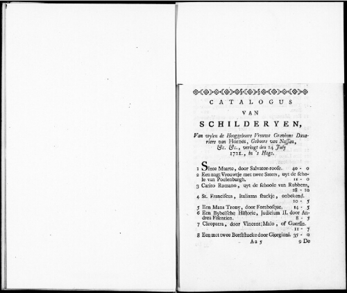 Catalogus van Schilderyen van wylen de Hooggeboore Vrouwe Gravinne Douariere van Hornes [...] : [vente du 24 juillet 1721]