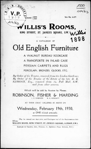 Catalogue of old English furniture, a walnut bureau bookcase, a pianoforte in inlaid case [...] : [vente du 19 février 1930]