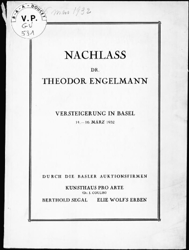 Nachlass Dr. Theodor Engelmann : [vente du 14 au 16 mars 1932]
