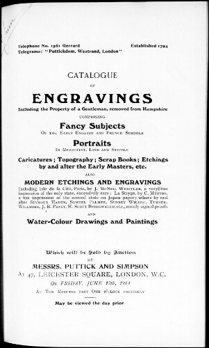 Catalogue of engravings […] : [vente du 12 juin 1914]