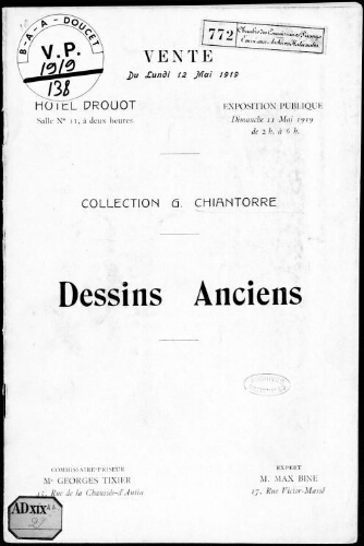 Collection G. Chiantorre ; 2e catalogue des dessins anciens [...] : [vente du 12 mai 1919]