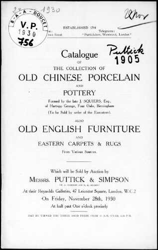 Old Chinese porcelain and pottery, formed by the late J. Squiers, Esquire [...] : [vente du 28 novembre 1930]