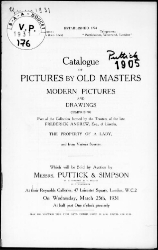 Catalogue of pictures by old masters [...], comprising part of the collection formed by the trustees of the late Frederick Andrew [...] : [vente du 25 mars 1931]