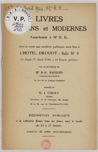 Livres anciens et modernes [...] : [vente du 27 avril 1944]