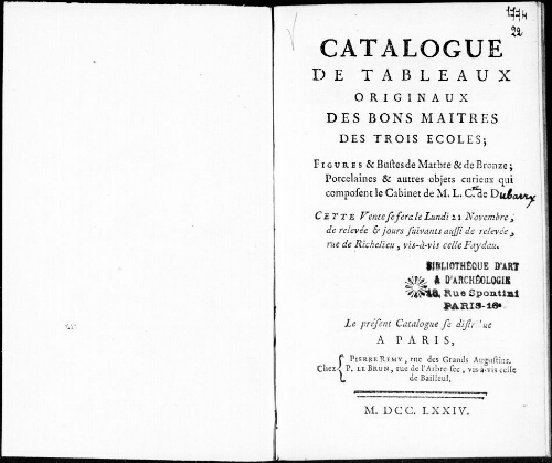 Catalogue de tableaux originaux des bons maîtres des trois écoles, figures et bustes de marbre [...] : [vente du 21 novembre 1774]