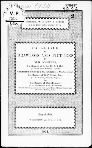 Catalogue of drawings and pictures by old masters, the property of the late Dr. C. J. Ball [...] : [vente du 28 mai 1924]