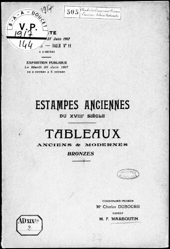 Catalogue des estampes anciennes des écoles française et anglaise du XVIIIe siècle […] : [vente du 27 juin 1917]