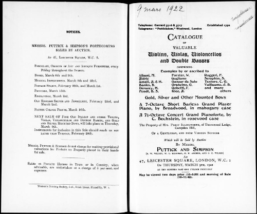 Catalogue of valuable violins, violas, violoncellos, and double bass [...] : [vente du 9 mars 1922]
