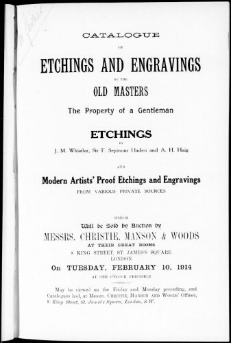 Catalogue of etchings and engravings by the old masters [...] : [vente du 10 février 1914]