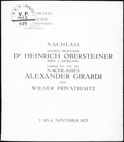 Nachlass Hofrat Professor Dr. Heinrich Obersteiner, Wien, I. Abteilung [...] : [vente du 2 au 6 novembre 1923]