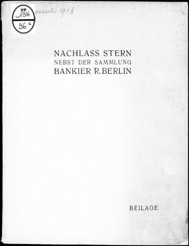 Nachlass Stern nebst der Sammlung Bankier R. Berlin […] : [vente du 14 novembre 1916]