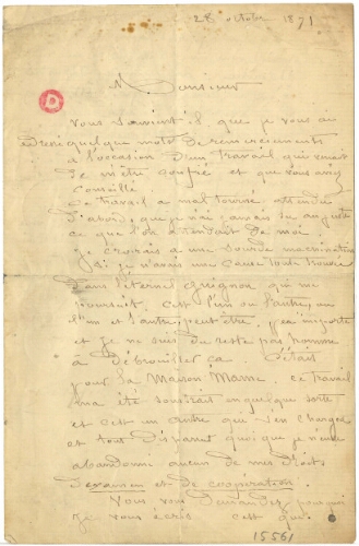 Lettre de Nicolas François Chifflart, 28 octobre 1872