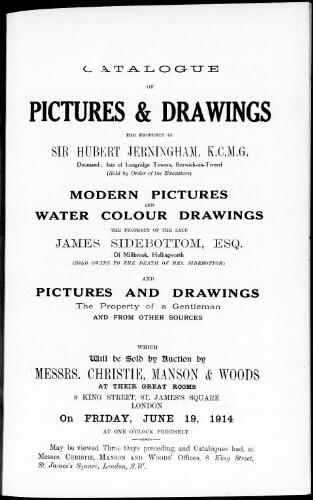 Catalogue of pictures and drawings […] : [vente du 19 juin 1914]