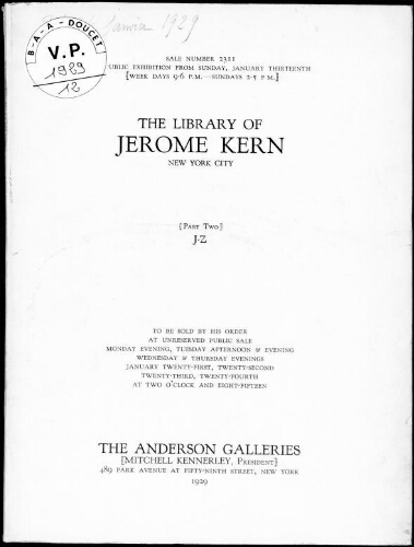 Library of Jerome Kern, New York City (part two, J-Z) : [vente du 21 au 24 janvier 1929]