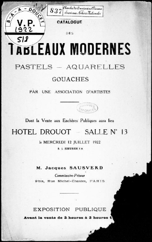 Catalogue des tableaux modernes, pastels, aquarelles, gouaches, par une association d'artistes [...] : [vente du 12 juillet 1922]