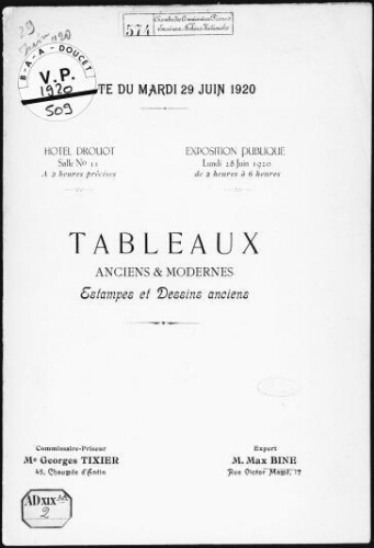 Tableaux anciens & modernes, estampes et dessins anciens : [vente du 29 juin 1920]