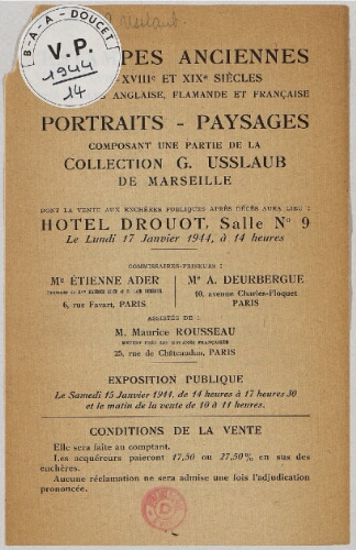 Estampes anciennes [...] portraits, paysages [...] : [vente du 17 janvier 1944]