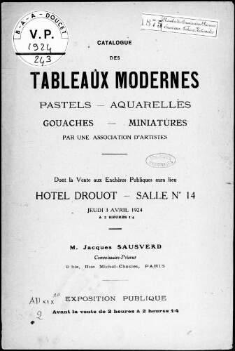 Catalogue des tableaux modernes, pastels, aquarelles, gouaches, miniatures, par une association d'artistes [...] : [vente du 3 avril 1924]